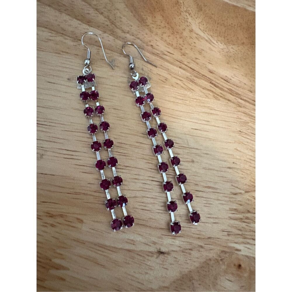 Earrings, Dangle Red Rhinestone Earrings, NEW, Handmade, 3”